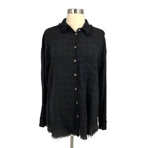 Miou Muse Size M Button Up Shirt Black Gauze Raw Hem Lightweight Top Long Sleeve